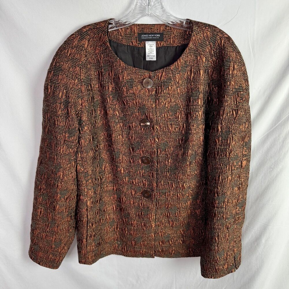 Jones New York Women's Jacket Blazer Size 18W Brown/Black Print Wool Blend